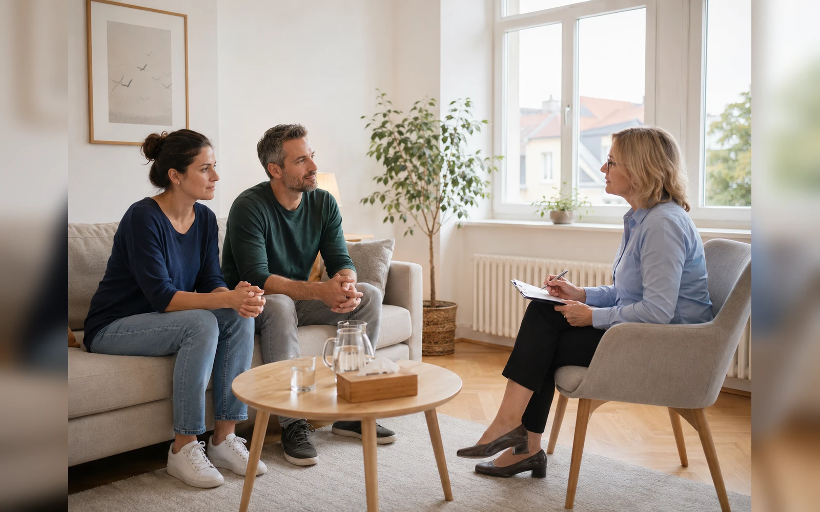 Ruhiges Beratungsgespräch eines Paares in einem hellen Wohnzimmer